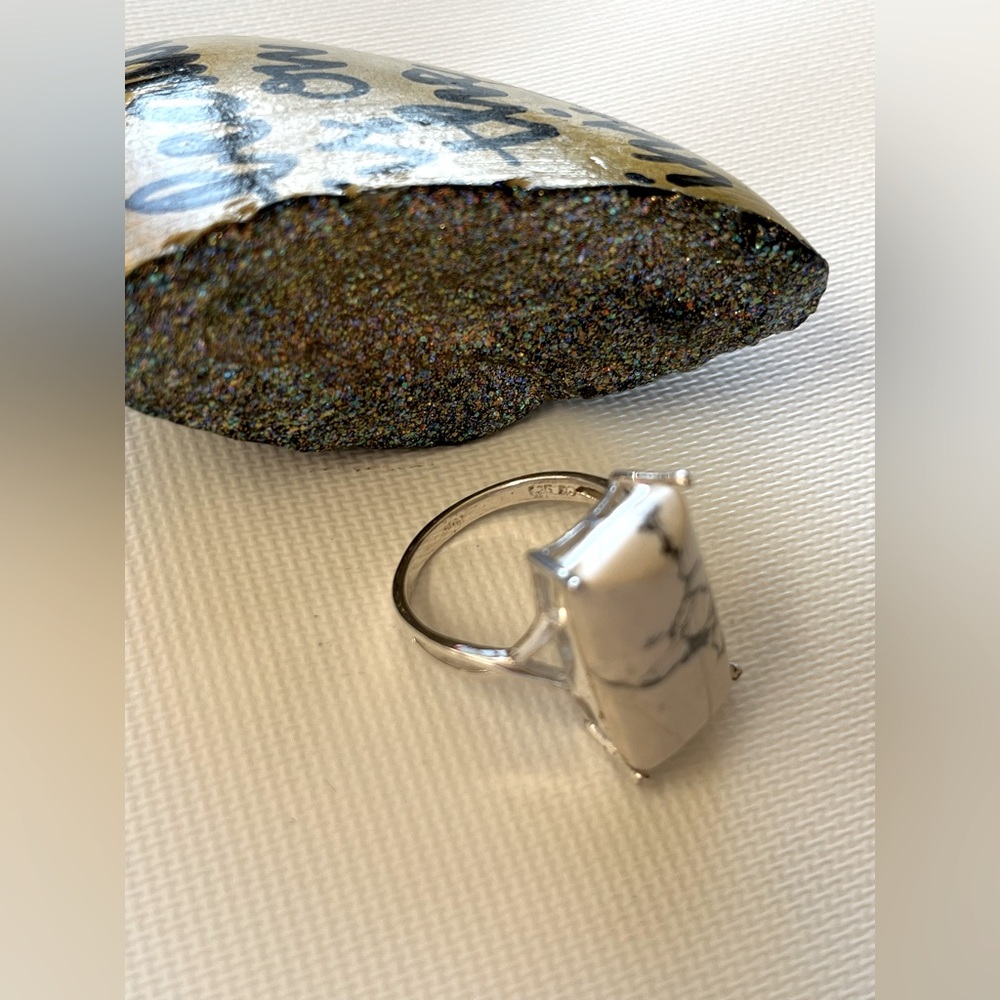 925 Sterling Silver Size 8.5 Marble Square Ring - Picture 1 of 8